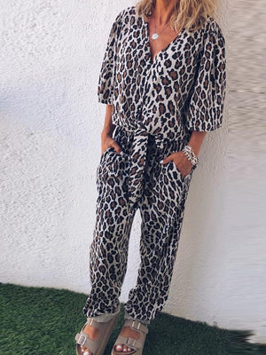 Retro Casual Loose V-Neck Short-Sleeved Shirt Pants Leopard Print Suit