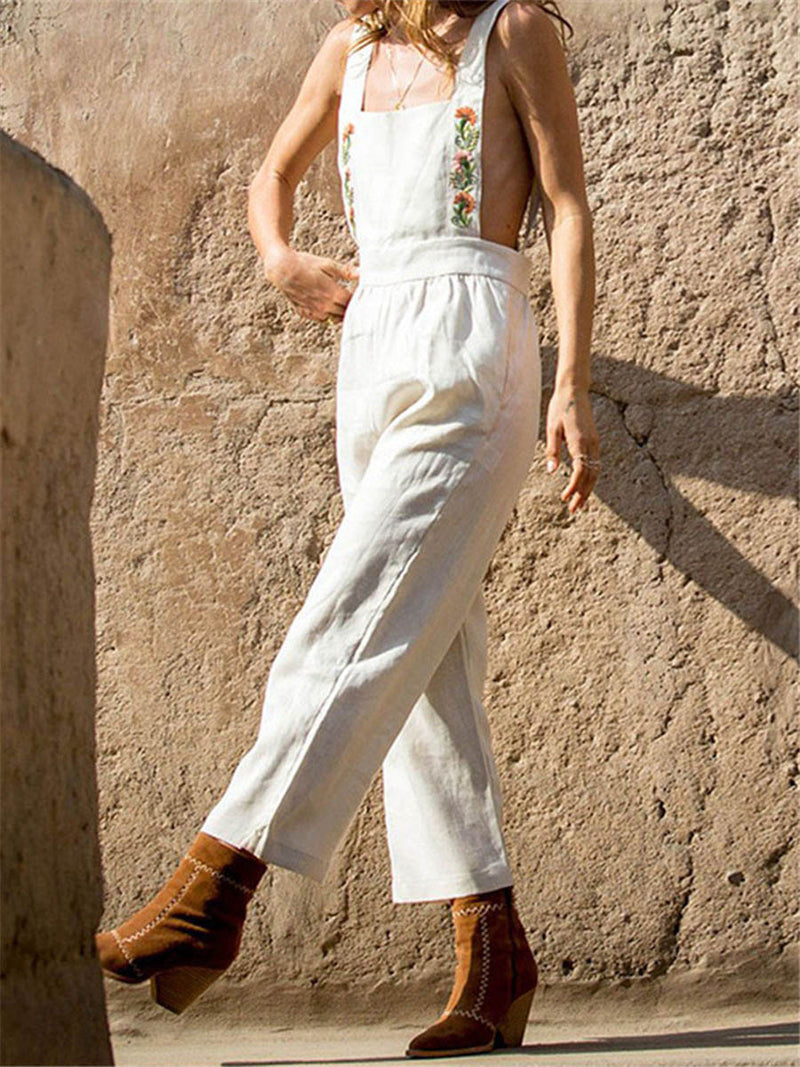 Embroideried Casual Solid Color Straps Pockets Jumpsuit