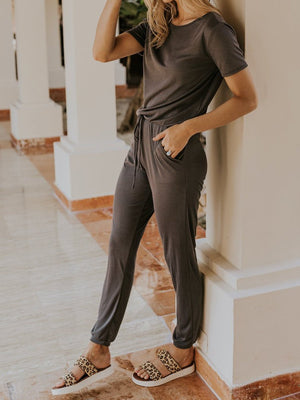 Solid-colored Drawstring Lounge Jumpsuit