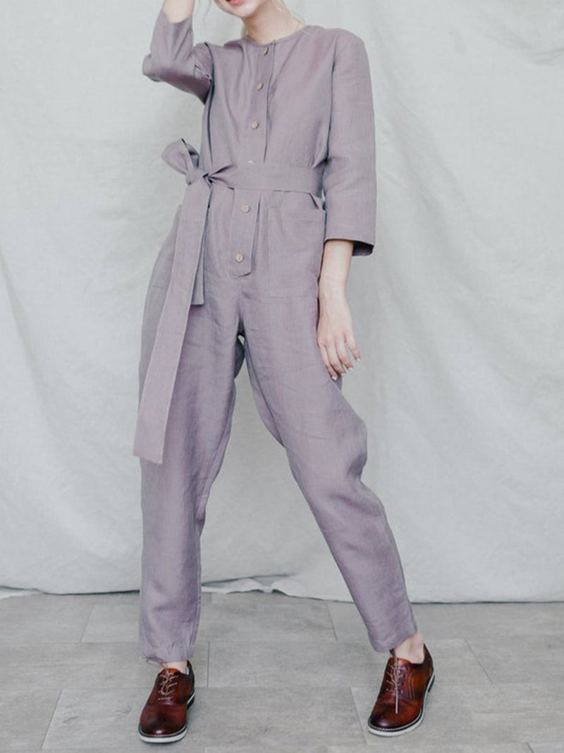 Fashion Casual Solid Color Round Neck Jumpsuits