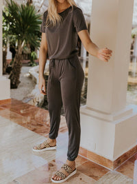 Solid-colored Drawstring Lounge Jumpsuit