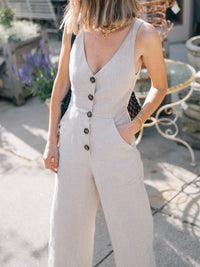 Deep V-Neck Button Linen Jumpsuit