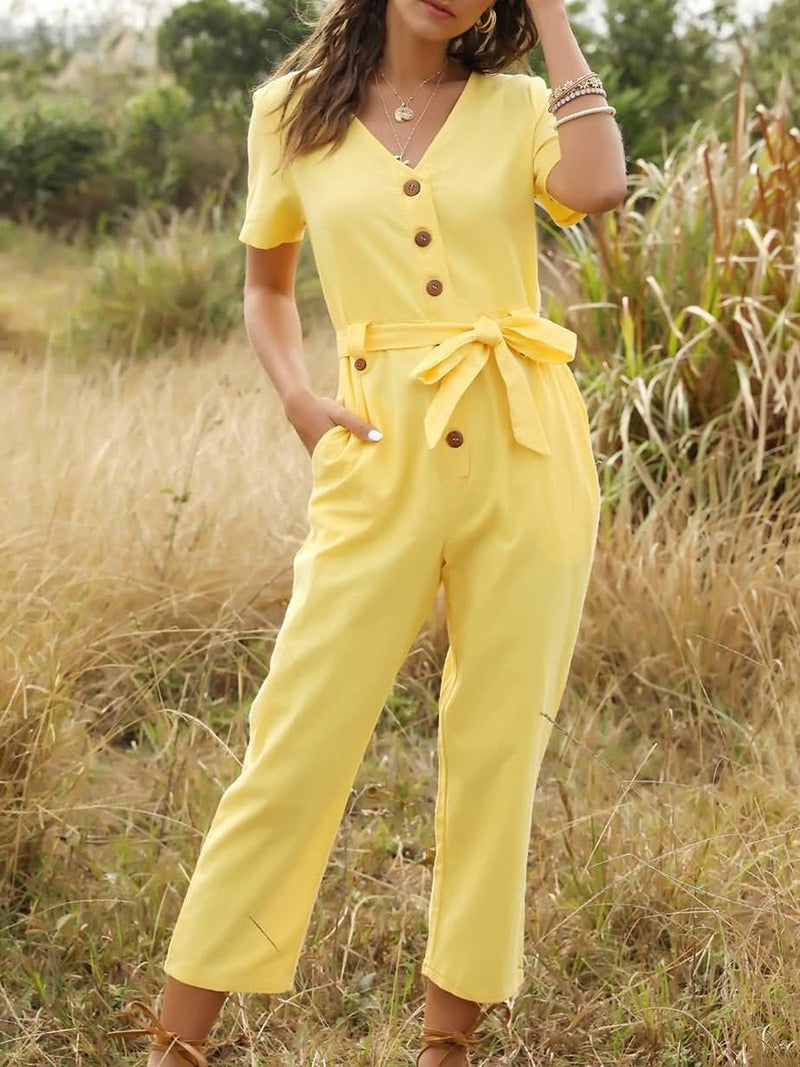 Women Button Up Pocket Tied Short Sleeve Casual Jumpsuit