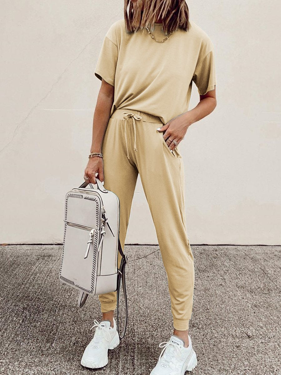 Fashionable Simple Casual Loose Short Sleeve Top Pants Suit