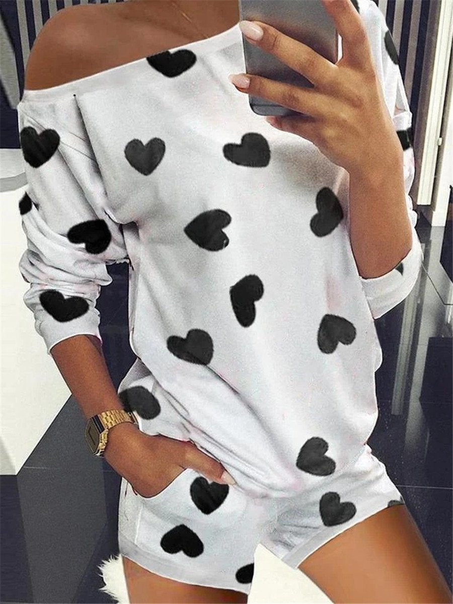 Loose Casual Home Wear Casual Wear Love Print Two-Piece Set