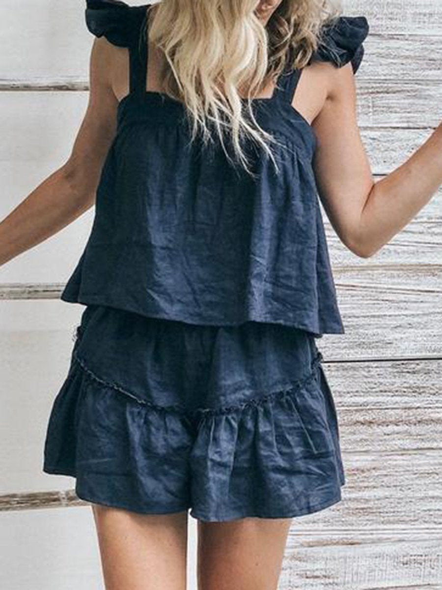 Casual Loose Solid Color Sleeveless Top Shorts Two-piece Suit