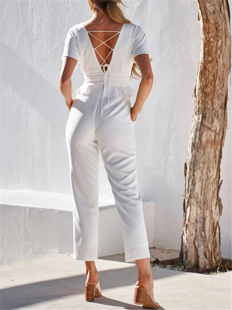 Solid Color Simple V Neck Jumpsuits