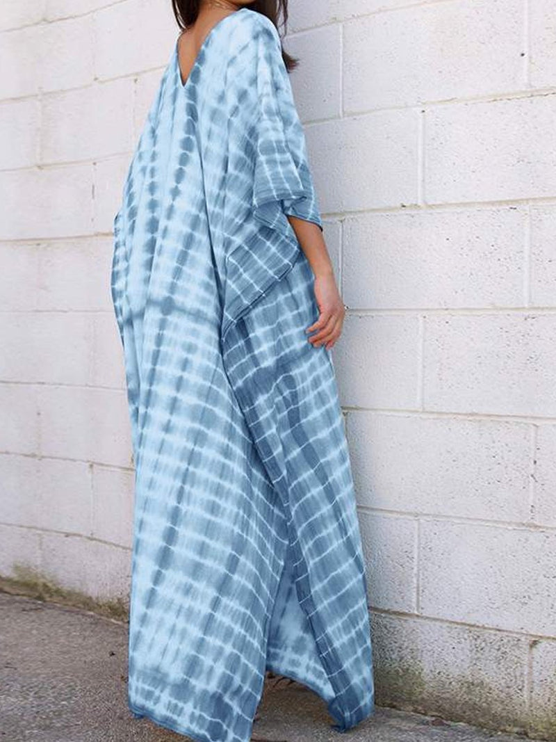 Women's Casual Tie-Dye V-Neck Bat Sleeve Maxi Dress