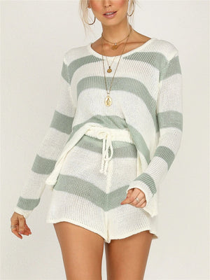 Simple And Comfortable Soft Shirt Shorts Striped Knitted Suit