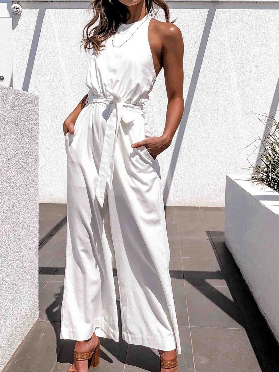 Wide Leg Straight High Waist Casual Jumpsuit