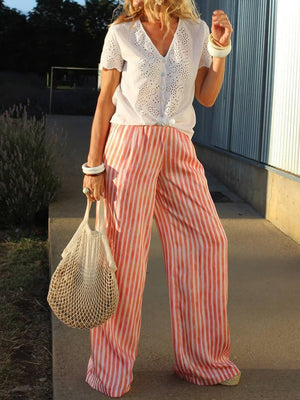 Casual Loose Short Sleeve Striped Two-piece Suit