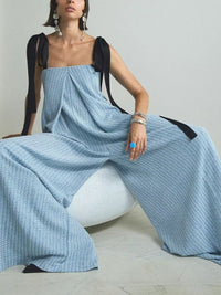 Women's Fashion Blue Knitted Tied Wide Loose Jumpsuit