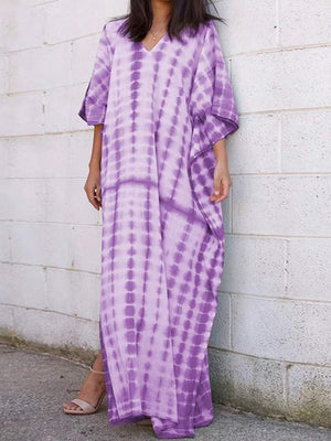 Women's Casual Tie-Dye V-Neck Bat Sleeve Maxi Dress