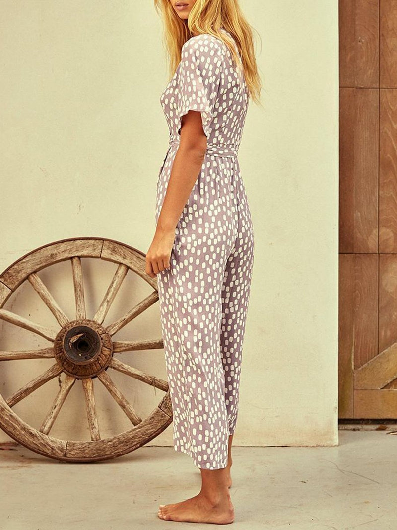 V-Neck Belt Polka Dot Printed Jumpsuit