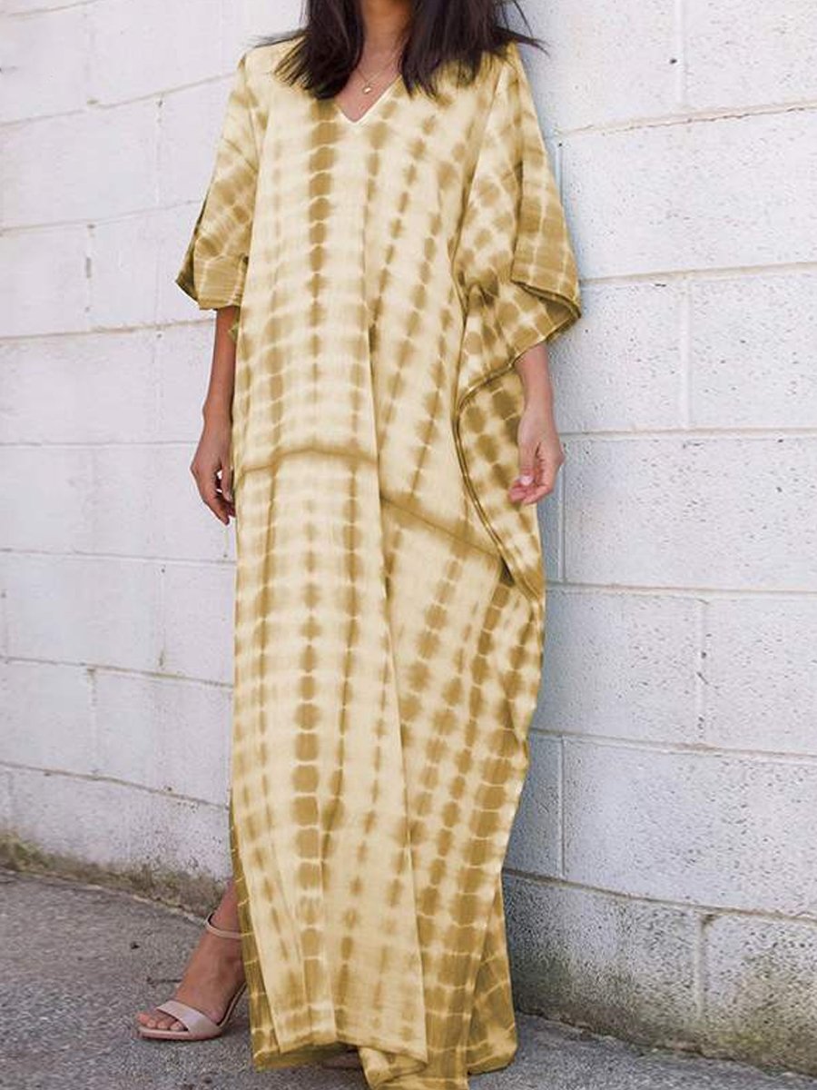 Women's Casual Tie-Dye V-Neck Bat Sleeve Maxi Dress