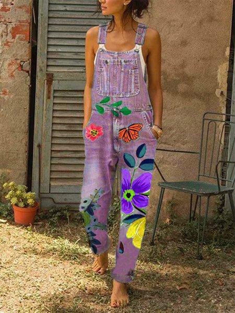 Women Vintage Floral Print Denim Pockets Jumpsuit