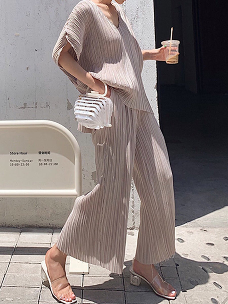 Simple Casual Loose And Comfortable V Neck Top Pants Suit