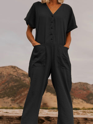 Stylish Short Sleeve Loose Ftting V-neck Pockets Jumpsuit