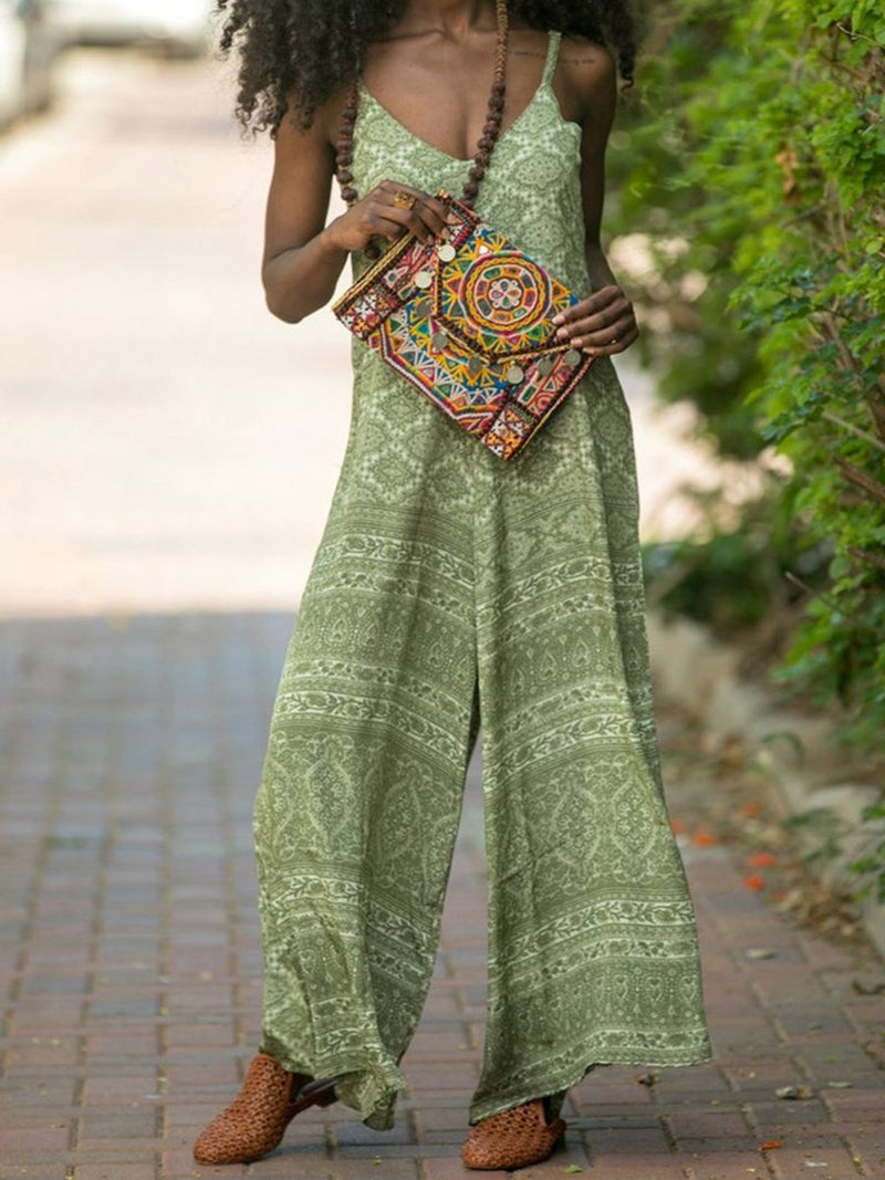 Boho Cotton-Blend V Neck Jumpsuit One-Pieces