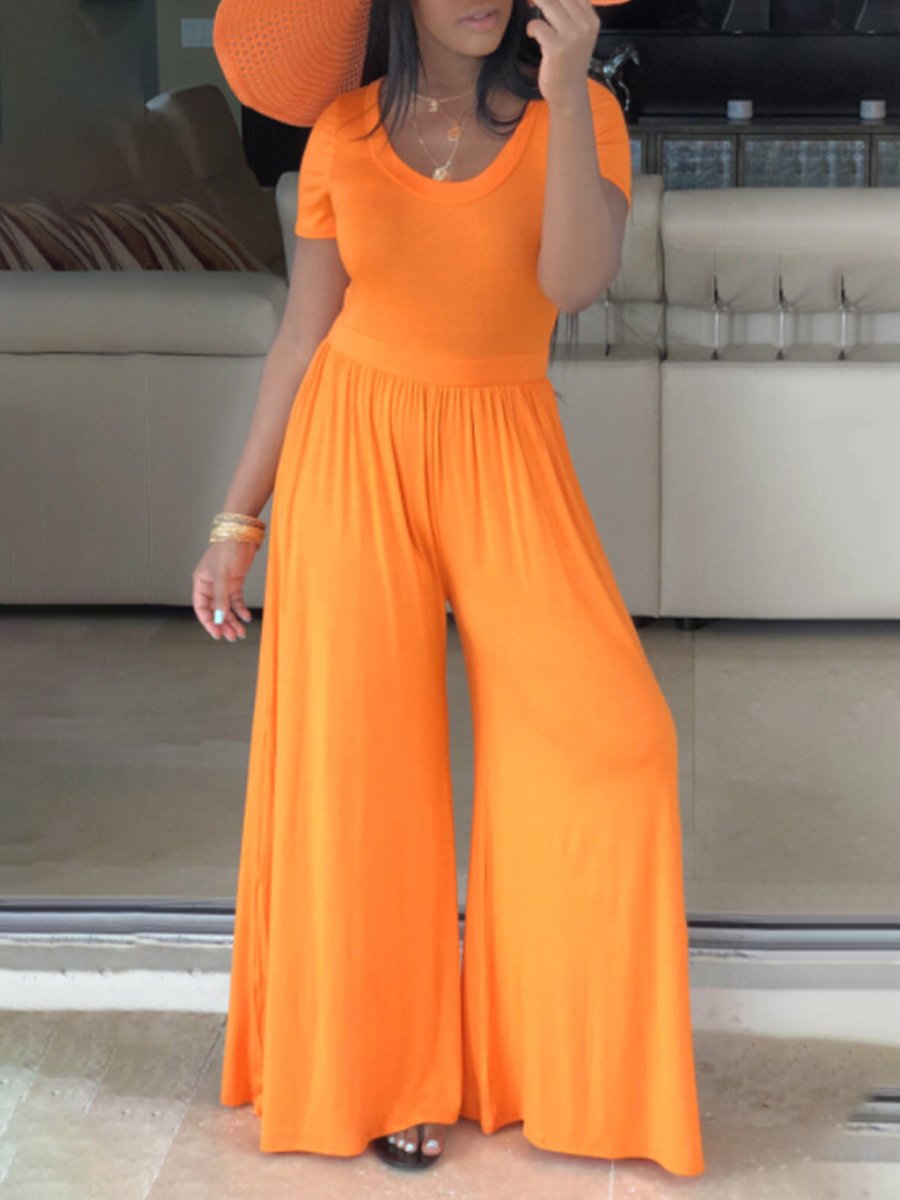 Women's Sexy Round Neck Short Sleeve Loose Jumpsuit