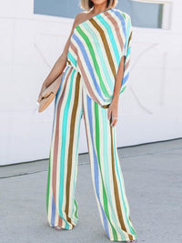 Fashional Multicolor Striped One-shoulder Top Women's Suit