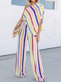 Fashional Multicolor Striped One-shoulder Top Women's Suit