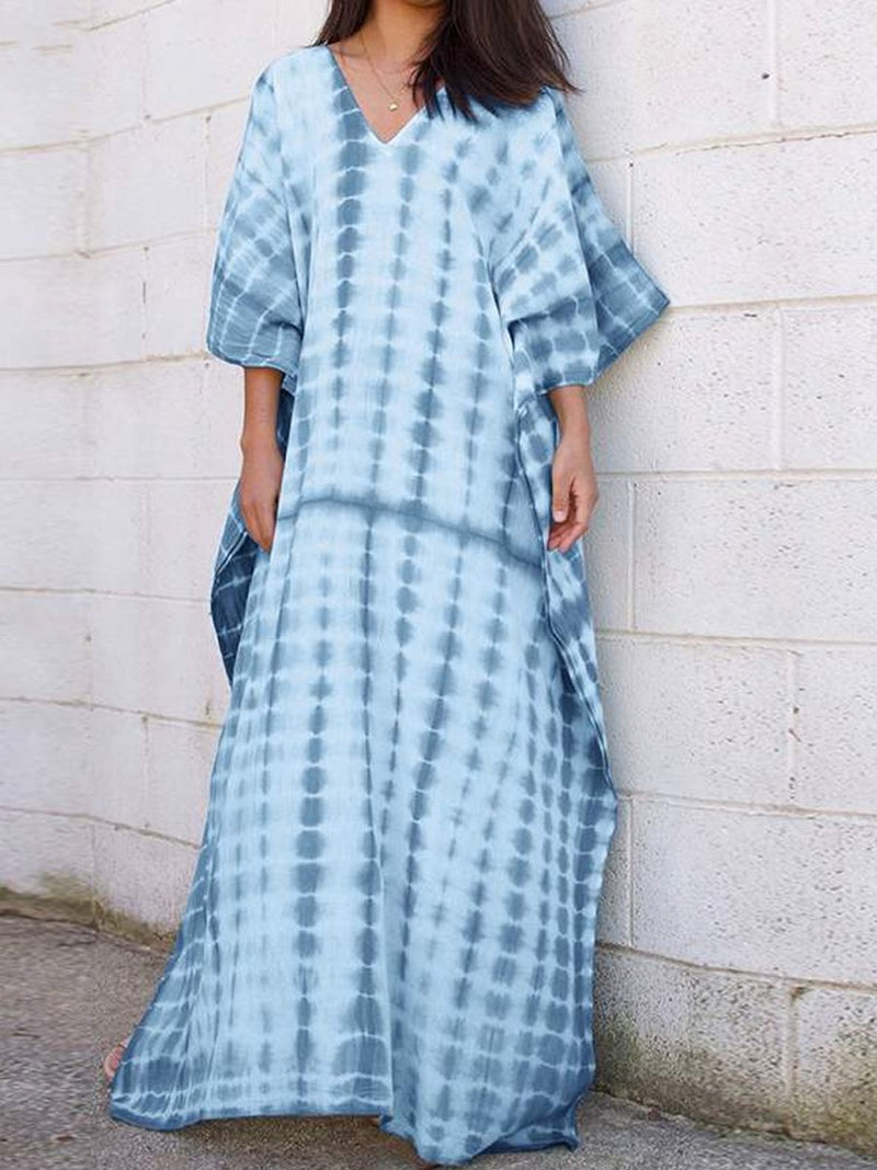 Women's Casual Tie-Dye V-Neck Bat Sleeve Maxi Dress