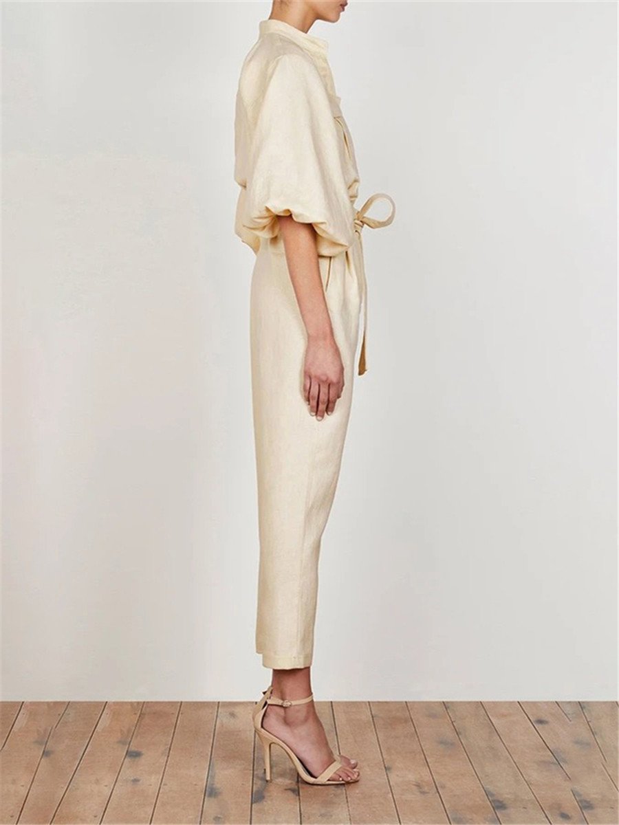 Elegant Solid Color Pocket Collar Jumpsuits