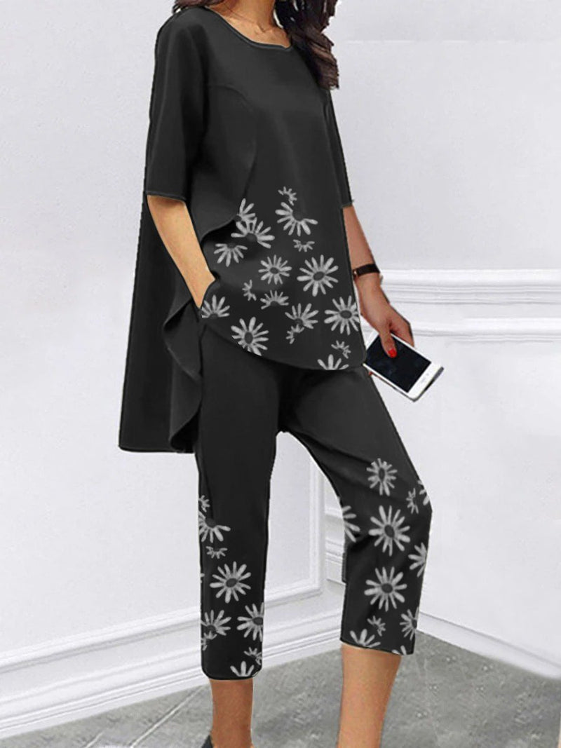 Loose Short-sleeved Casual Printed Short-sleeved Tops Cropped Trousers Two-piece Suit