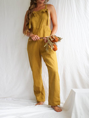 Linen Overalls Casual Jumpsuit with Pocket