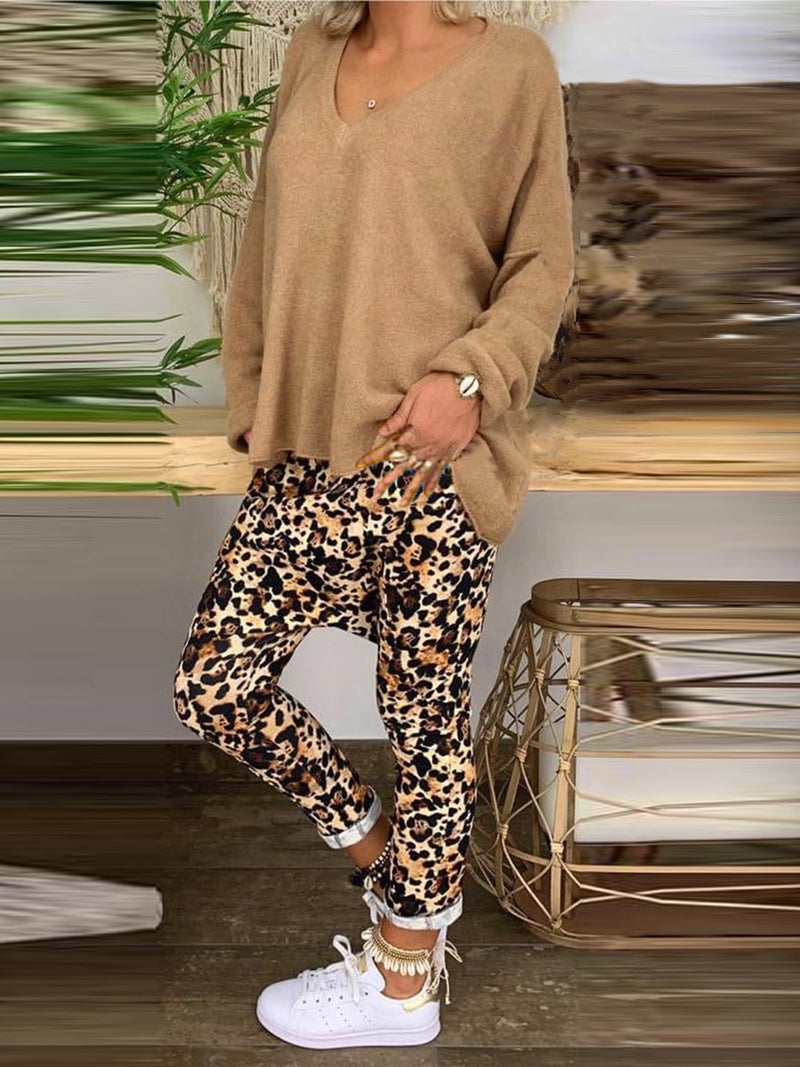 Fashionable Casual Loose Top Leopard Print Pants Suit