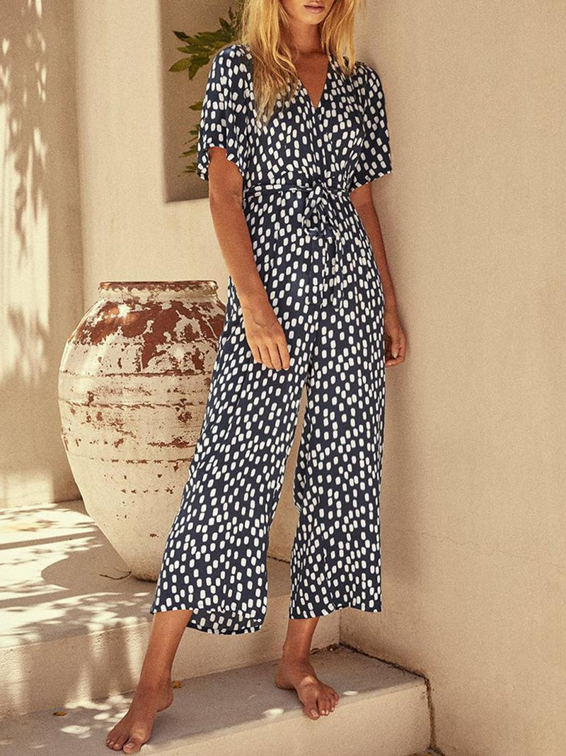 V-Neck Belt Polka Dot Printed Jumpsuit