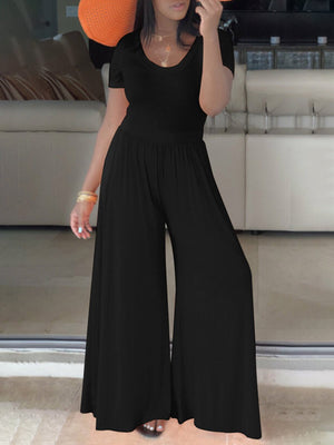 Women's Sexy Round Neck Short Sleeve Loose Jumpsuit