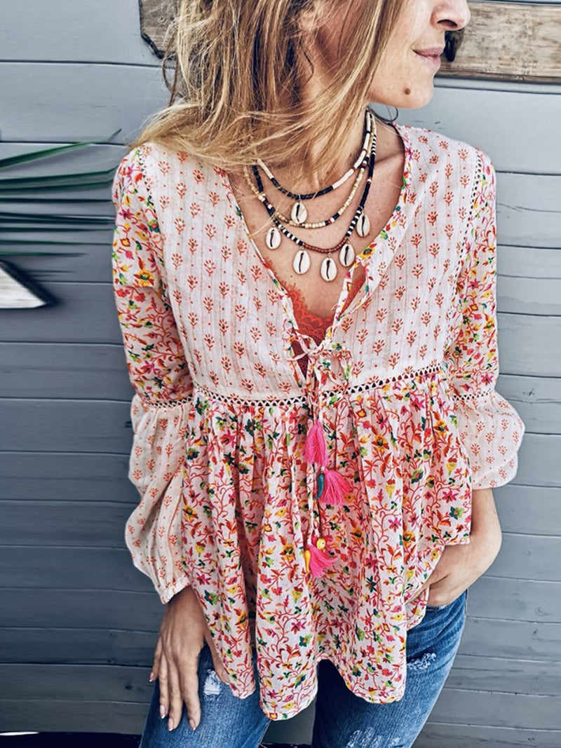 Women's Casual Loose Printed Embroidery V-neck Top