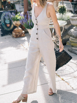 Deep V-Neck Button Linen Jumpsuit