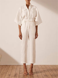 Elegant Solid Color Pocket Collar Jumpsuits