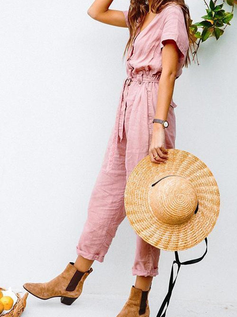 Button V Neck Short Sleeve Jumpsuit