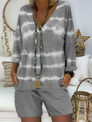 V-Neck Long Sleeve Tie-Dye Shorts Suit