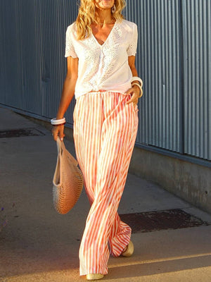 Casual Loose Short Sleeve Striped Two-piece Suit