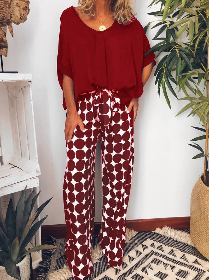 Casual Retro Top Polka Dot Pants Set