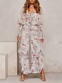 Romantic Floral Print Ruffled V Neck Sets