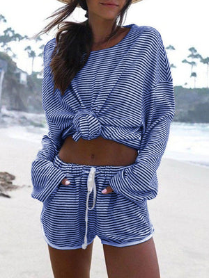 Two Piece Set of Casual Round Neck Long Sleeve Striped T-shirt