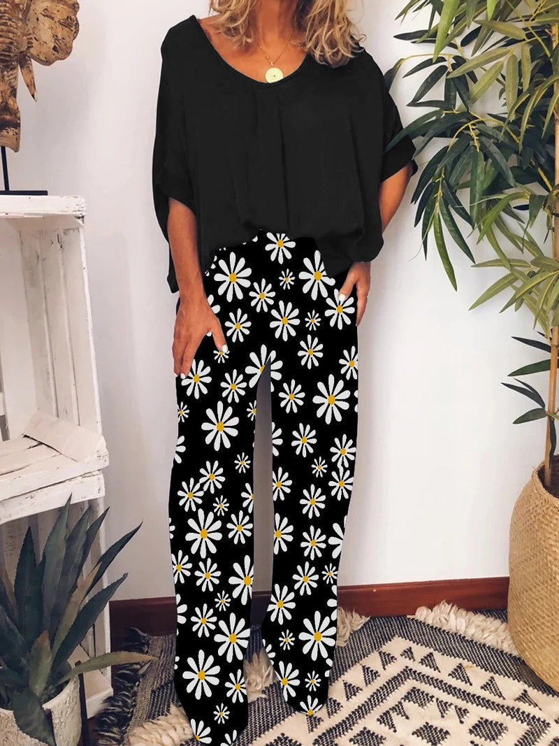 Casual Loose Floral Pants Top Suit