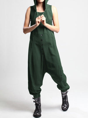 Casual Sleeveless Button Side Pocket Harem Pants Jumpsuit