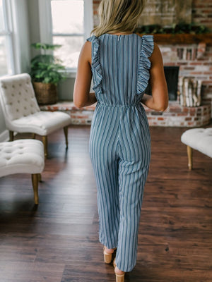 Women Ruffle Detail Lace Up Navy Striped Jumpsuit