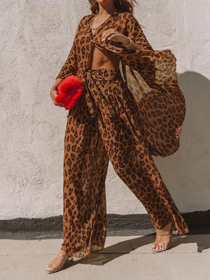 Retro Fashion Casual Loose Shirt Pants Leopard Print Suit