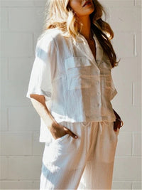 Simple Casual Loose Short Sleeve Pants Soft Linen Set