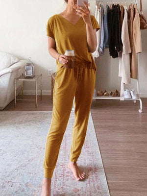 Casual Short Sleeve Top And Pockets Lounge Jogger Pants Set