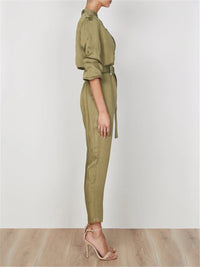 Simple Solid Color Collar Pocket Jumpsuits