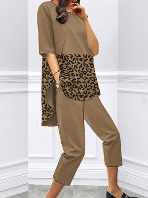 Loose Short Sleeve Casual Leopard Print Two-piece Suit